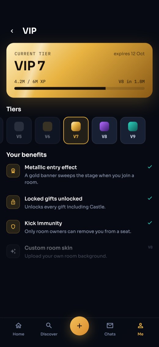 The VIP tiers screen