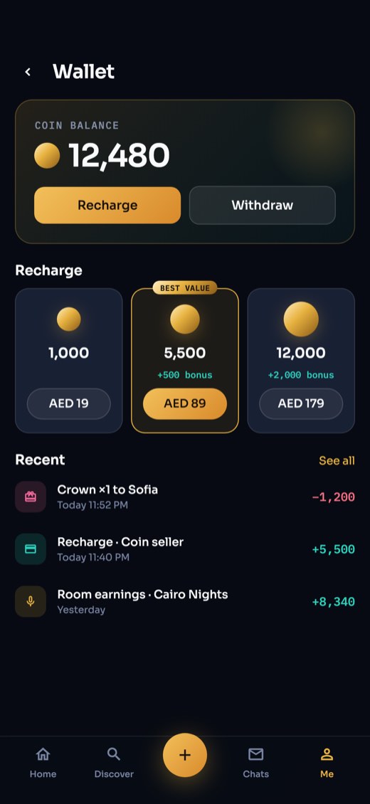The wallet with coin packs and recent activity